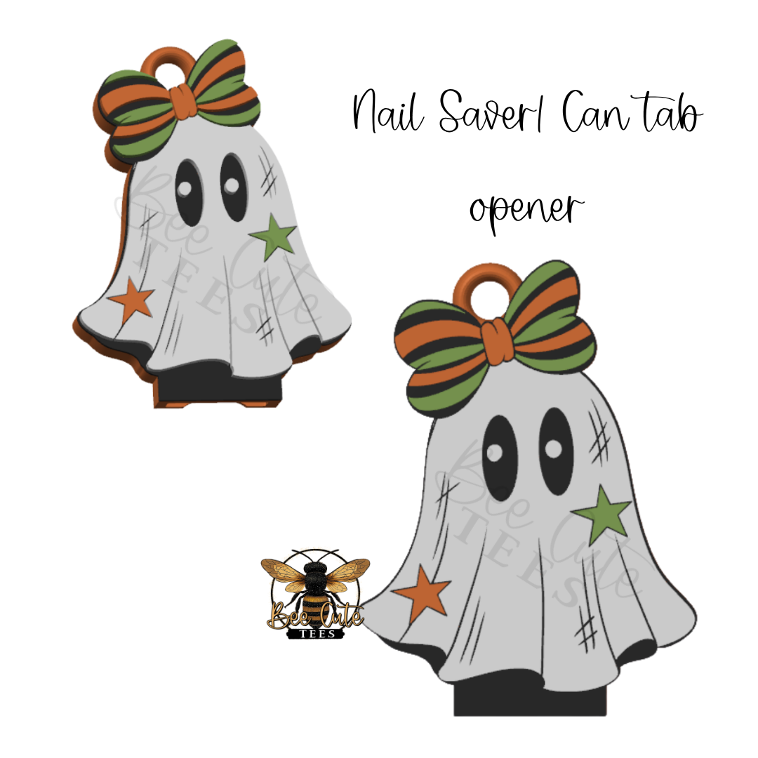 A Halloween-themed nail saver can tab opener shown in two views on a white background. The product is shaped like a ghost in a white sheet with black eyes, black scratch marks, an orange star, a green star, and a green and orange striped bow on the head.