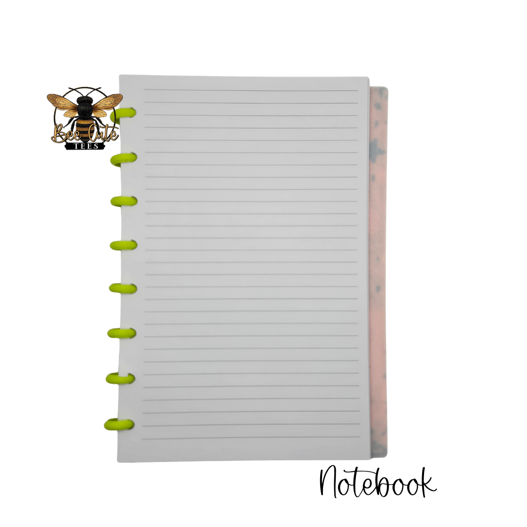 A lined notebook with bright lime green spiral binding rings, shown on a plain white background. A bee logo with the text 'BEE Cute Tees' appears in the upper left, and the word 'Notebook' is written in black script near the lower right.