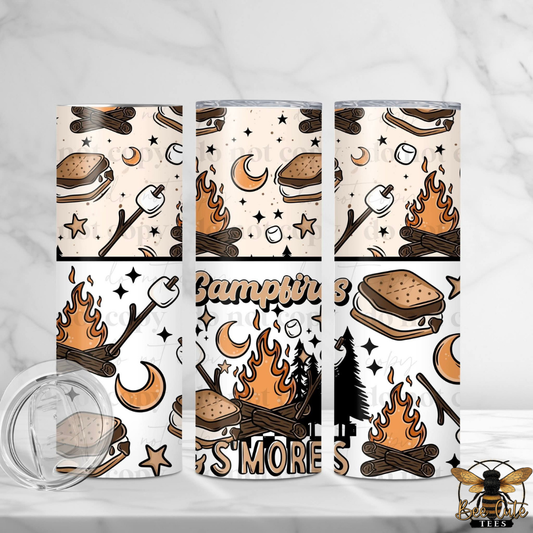 Three views of a white insulated tumbler with a campfire and s'mores pattern, shown on a light marble surface with a clear lid in the foreground. The pattern includes campfires, marshmallows, s'mores, stars, crescent moons, and the words 'Campfire' and 'S'MORES'.