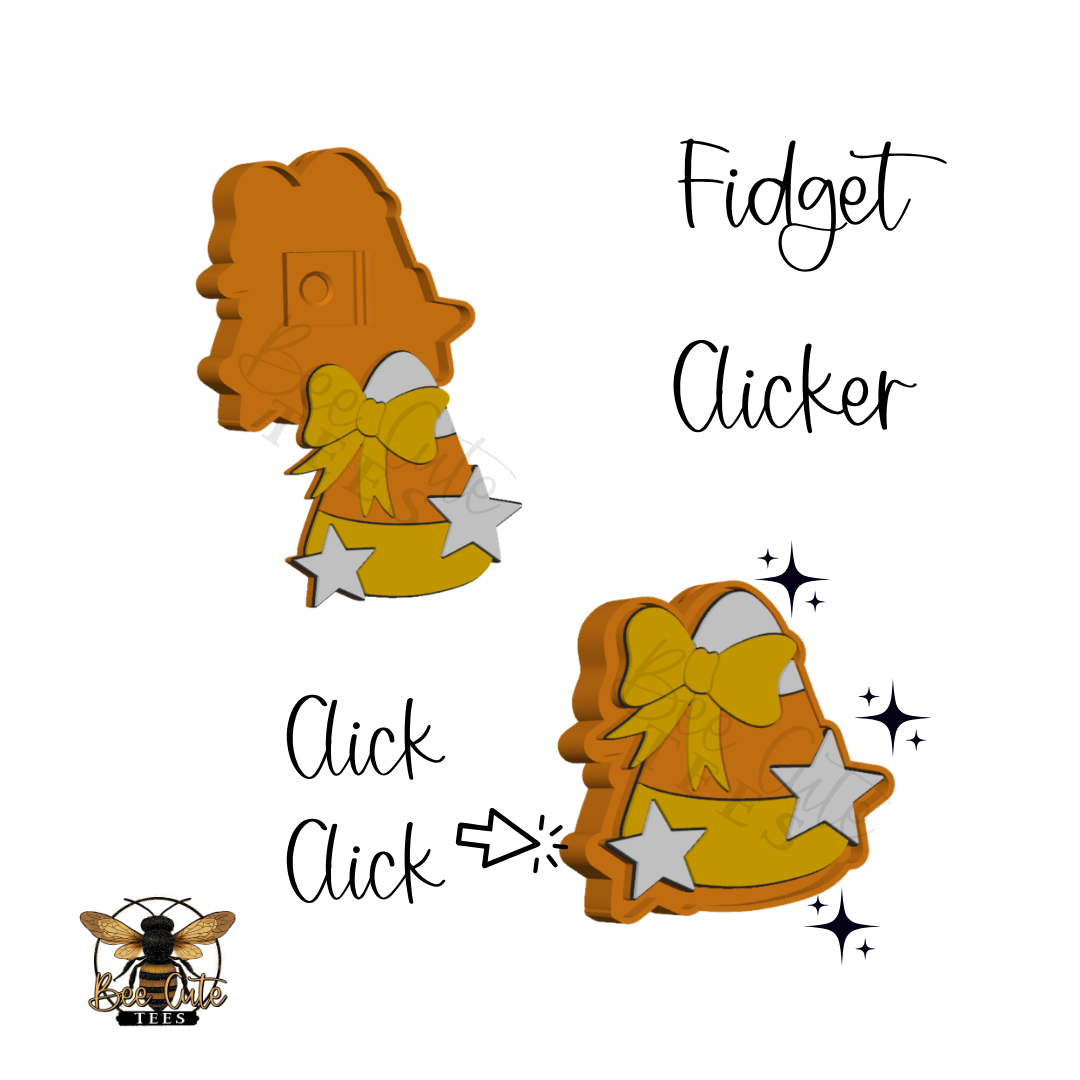 A digital product mockup of a fidget clicker pin shown from two angles on a white background, with text reading 'Fidget Clicker' and a bee logo in the bottom-left corner.
