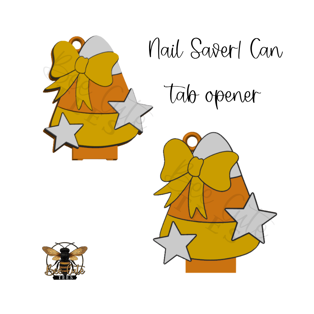 A digital graphic showing two views of a nail saver can tab opener designed to look like a candy corn, with a yellow bow, silver stars, and an orange base. The text 'Nail Saver Can tab opener' is written on the right, and a small bee logo is in the bottom-left corner.