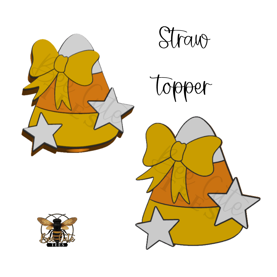 Digital graphic design of a straw-topper shaped like a candy corn, featuring a yellow and white striped body, a large yellow bow, and two white stars. The image shows two views of the topper, the text 'Straw topper', a small bee illustration, and a faint watermark pattern on a white background.