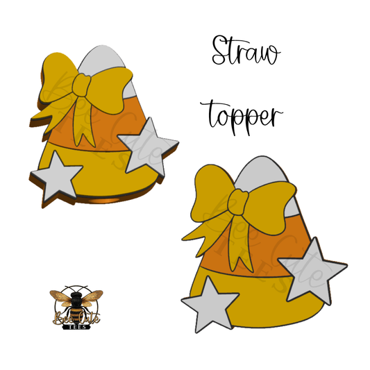 Digital graphic design of a straw-topper shaped like a candy corn, featuring a yellow and white striped body, a large yellow bow, and two white stars. The image shows two views of the topper, the text 'Straw topper', a small bee illustration, and a faint watermark pattern on a white background.
