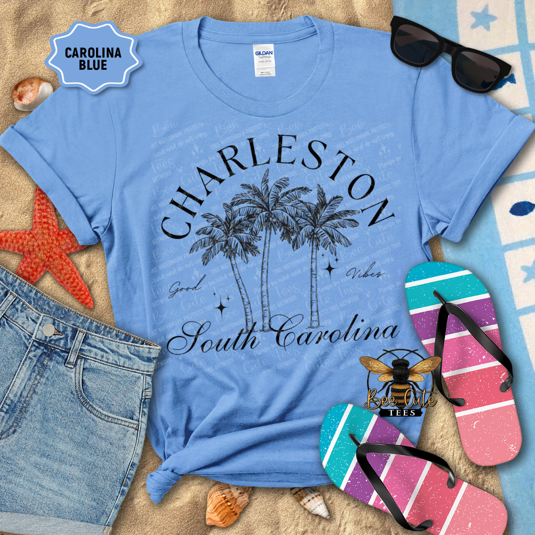 Blue t-shirt with 'Charleston South Carolina' design on a beach-themed background