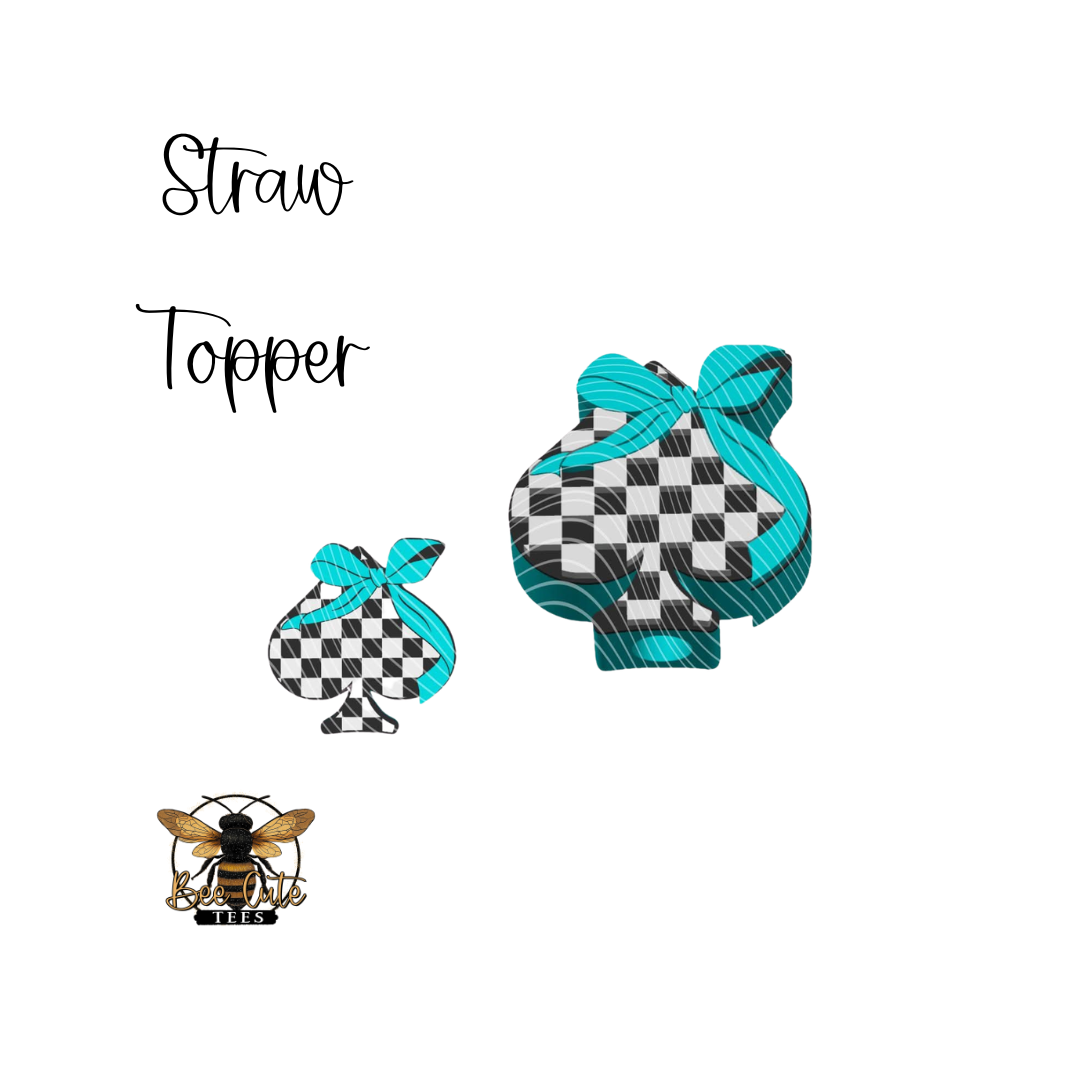 Checkered straw toppers with teal ribbons on a white background, featuring a bee logo.