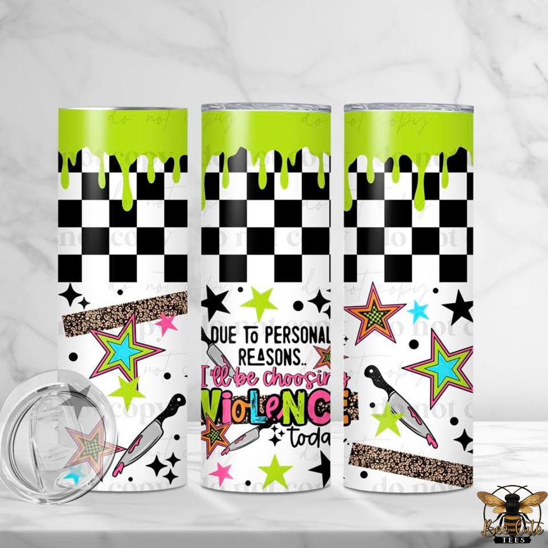 Three tumblers with checkered pattern, stars, and text on a white background