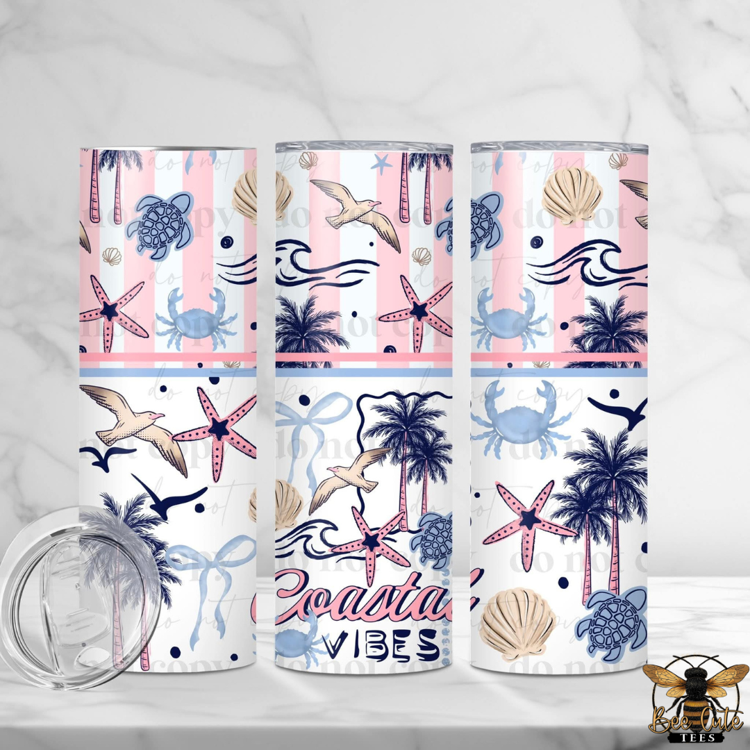 Three tumbler designs with coastal patterns on a white background
