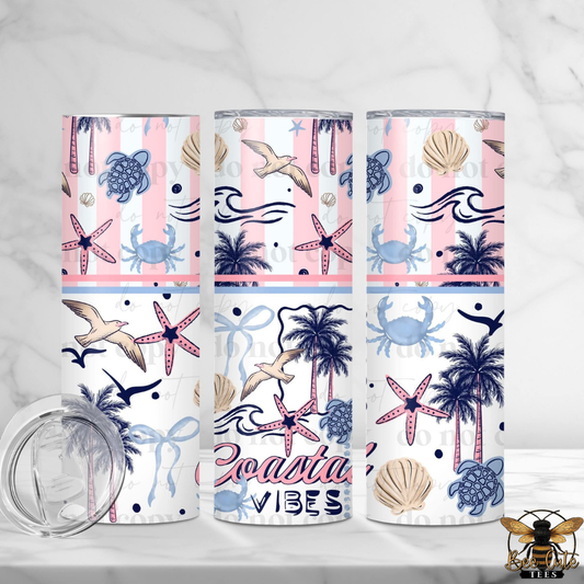 Three tumbler designs with coastal patterns on a white background