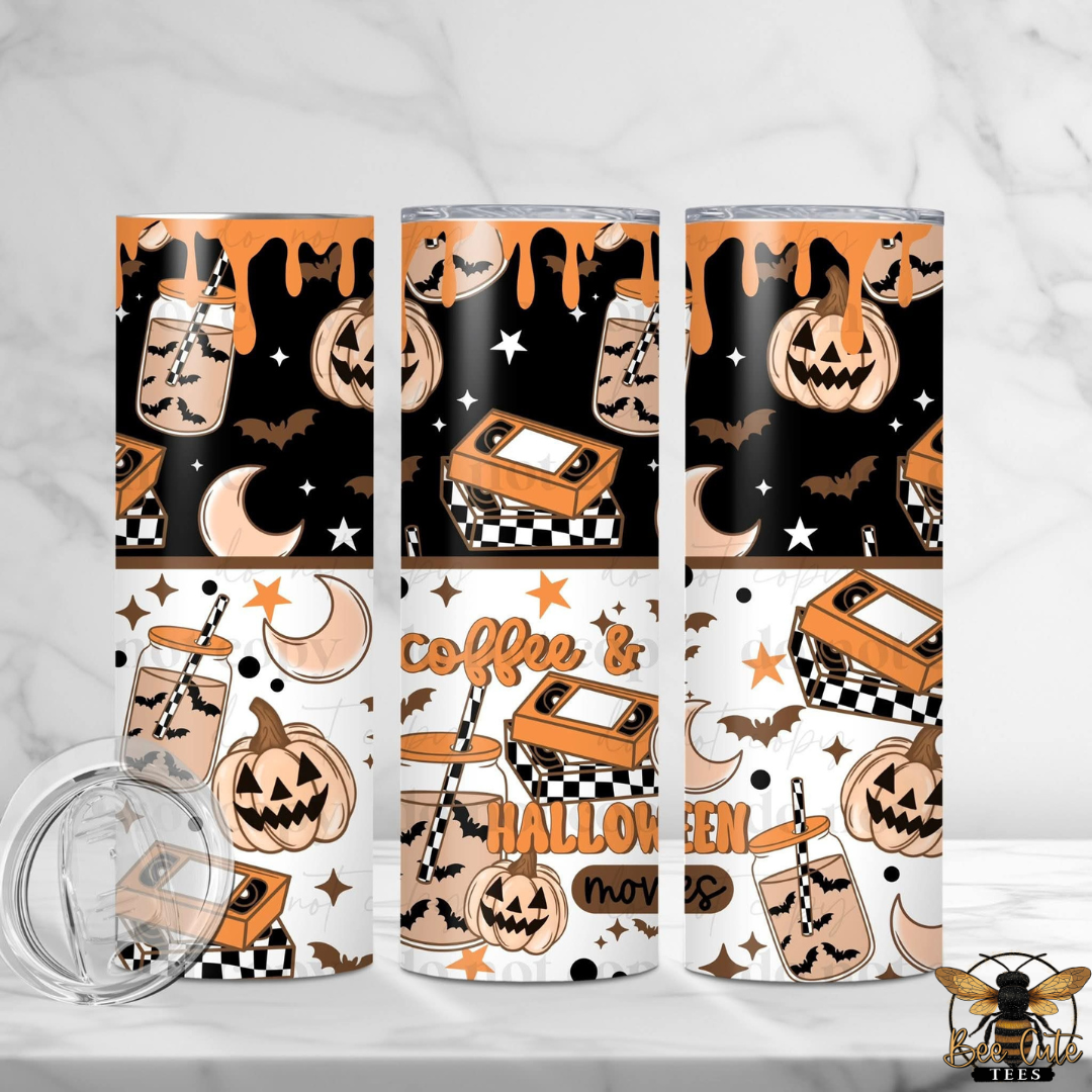 Three tall skinny tumblers with a Halloween-themed pattern are displayed on a white marble surface. The pattern features jack-o'-lanterns, mugs with straws, bats, stars, and the words 'Coffee & HALLOWEEN' on a black and white background.