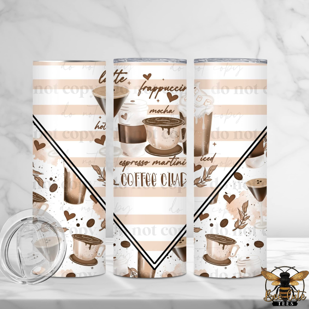 Three insulated tumblers with a coffee-themed wrap design are displayed on a light marble surface, with a clear lid resting in the lower left. The design features beige and white horizontal stripes with illustrations of coffee cups, espresso beans, and text including 'latte', 'frappuccino', 'mocha', 'espresso martin', and 'COFFEE CLUB'.
