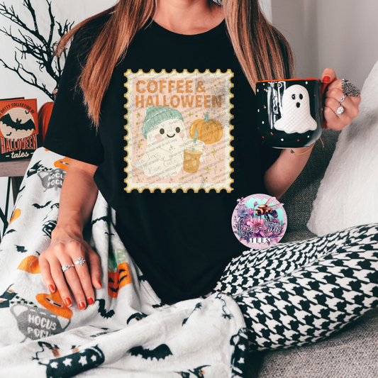 Person wearing a black t-shirt with 'Coffee & Halloween' design, holding a mug with a ghost design, surrounded by Halloween-themed decor.