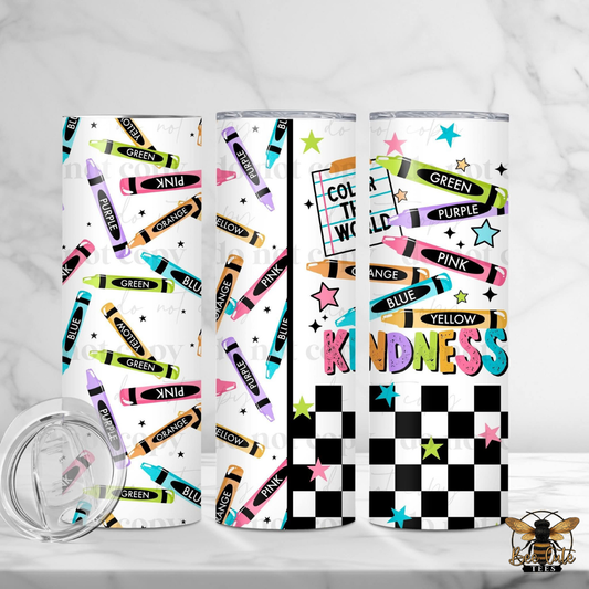 Three tumblers with colorful crayon designs and text on a white background