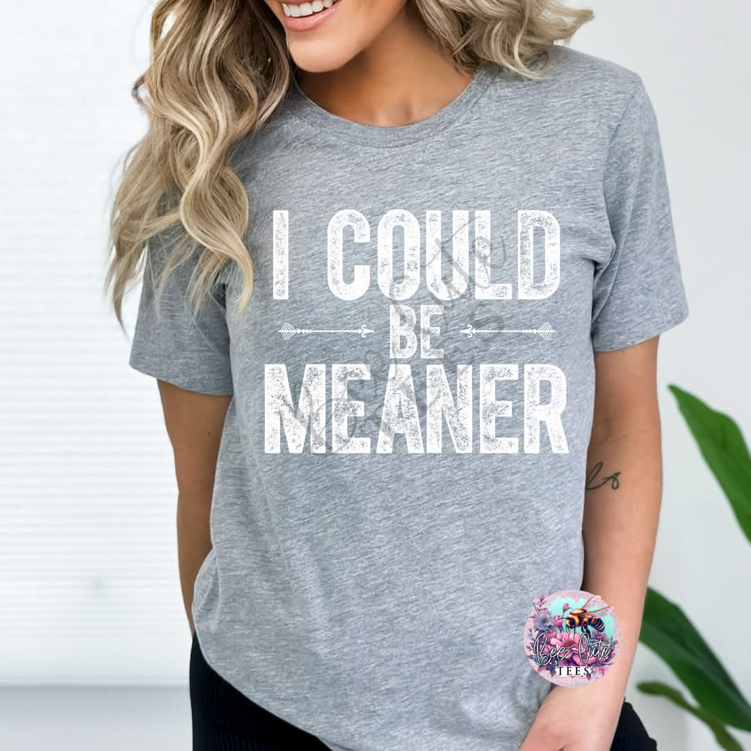 Person wearing a gray t-shirt with 'I COULD BE MEANER' text.
