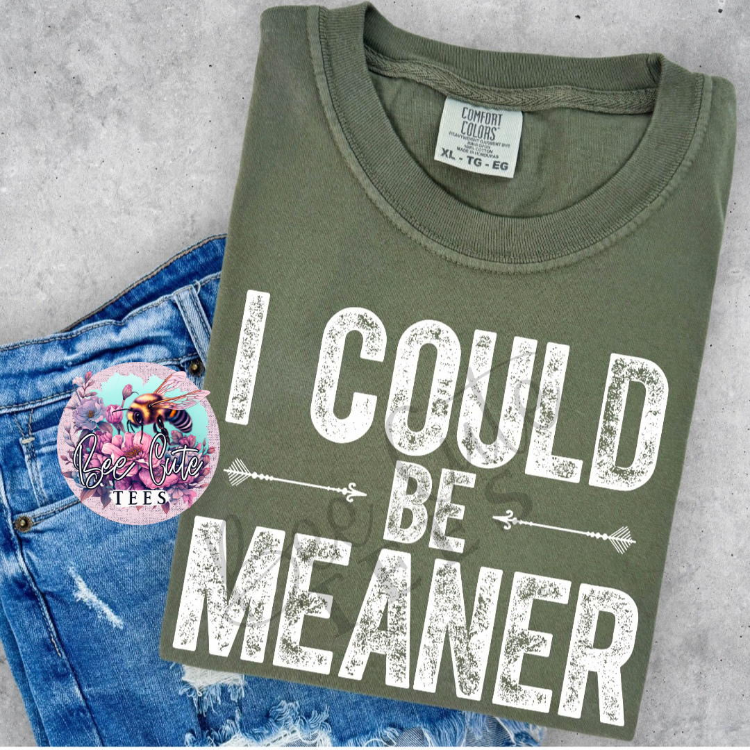 Green t-shirt with 'I could be meaner' text on a concrete surface with denim jeans.