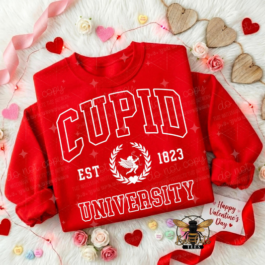 Red sweatshirt with 'Cupid University' text on a decorative background with hearts and flowers.