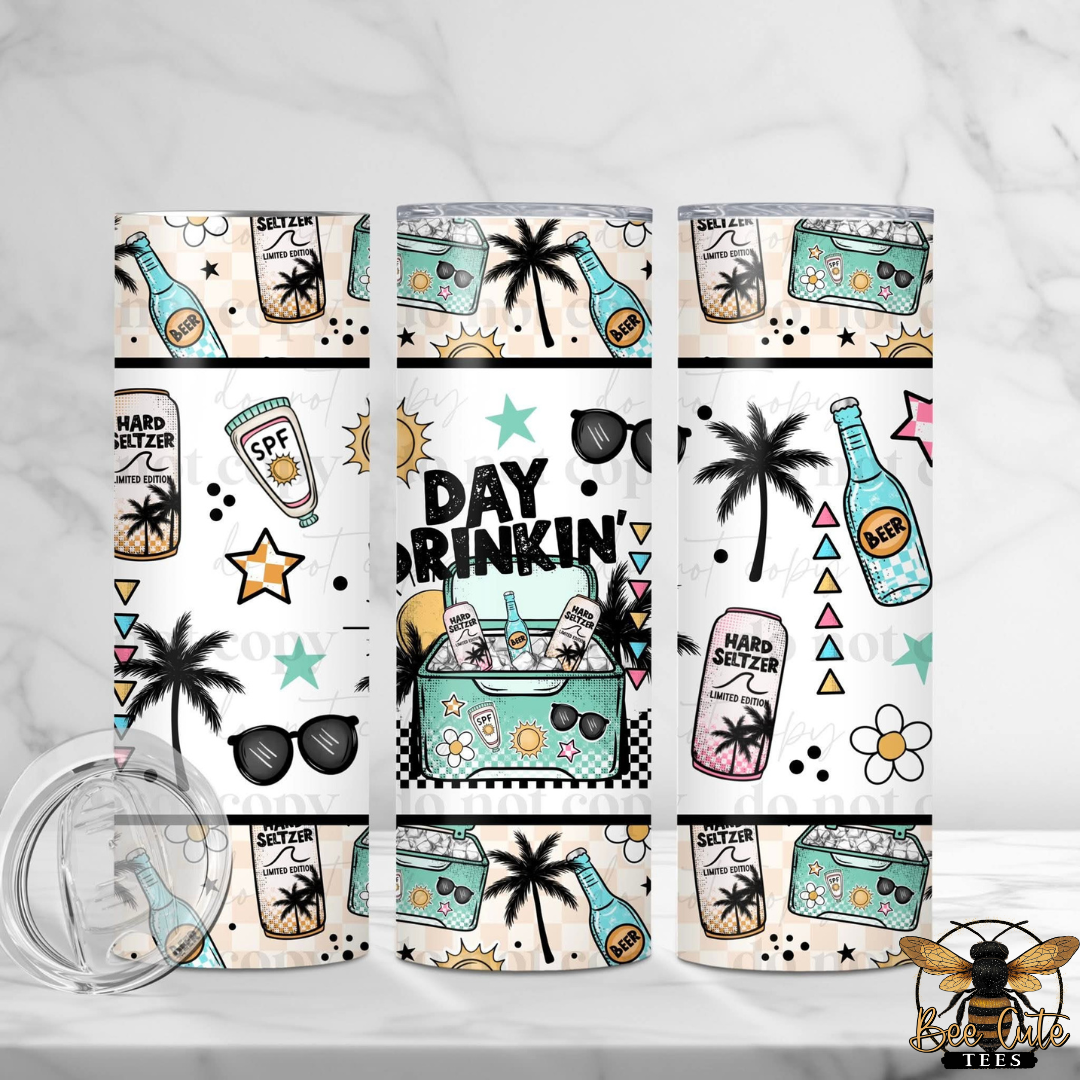 Set of tumblers with summer-themed designs on a white background