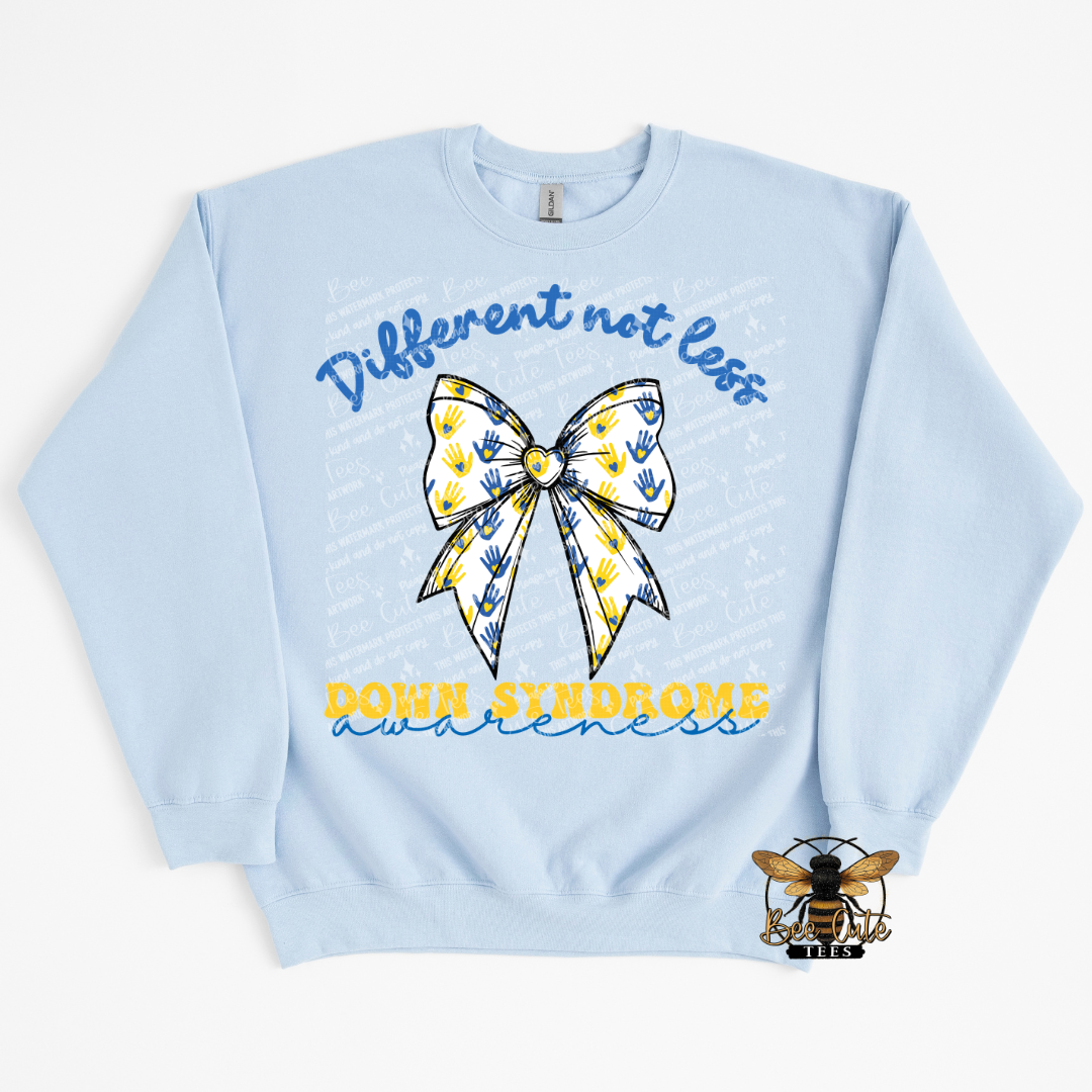Light blue sweatshirt with a yellow and blue bow graphic and text on a white background