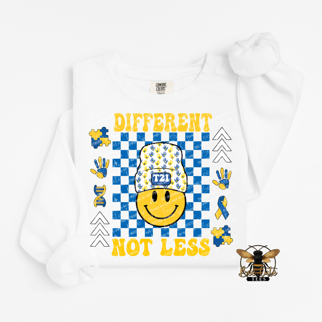 White sweatshirt with blue and yellow graphic design featuring a smile face and text on a white background.