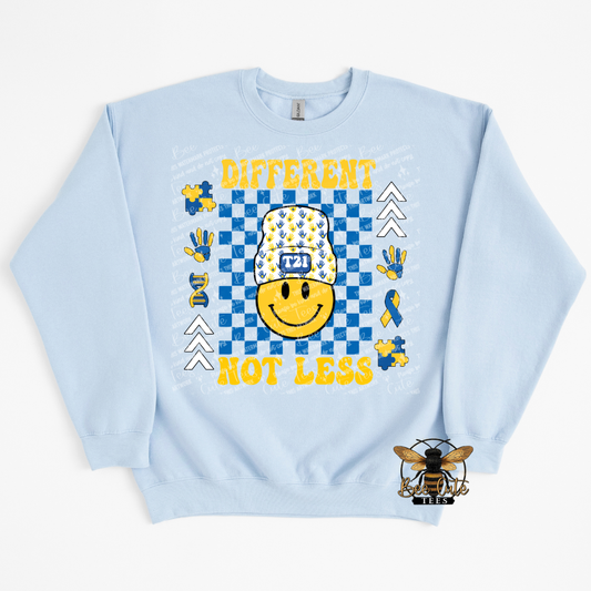 Light blue sweatshirt with a smile face design and text on a white background