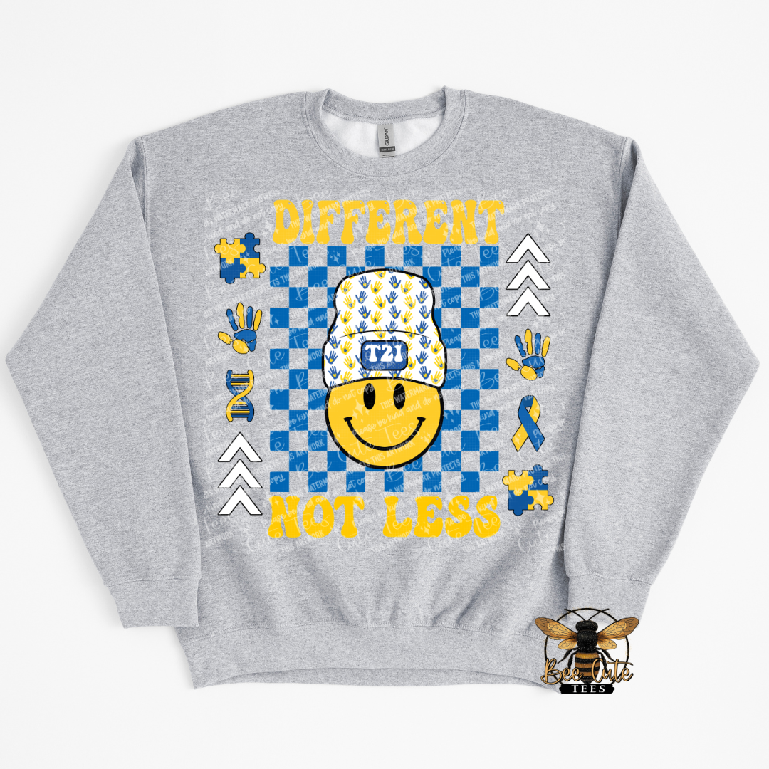 Gray sweatshirt with a smile face design and text on a white background