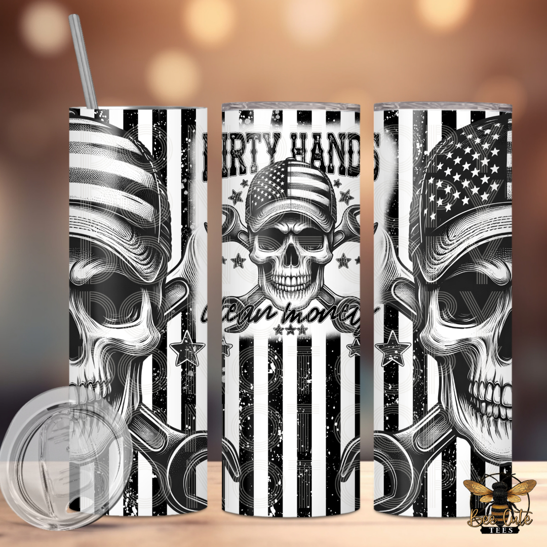 Three tumblers with skull and American flag design on a wooden surface.