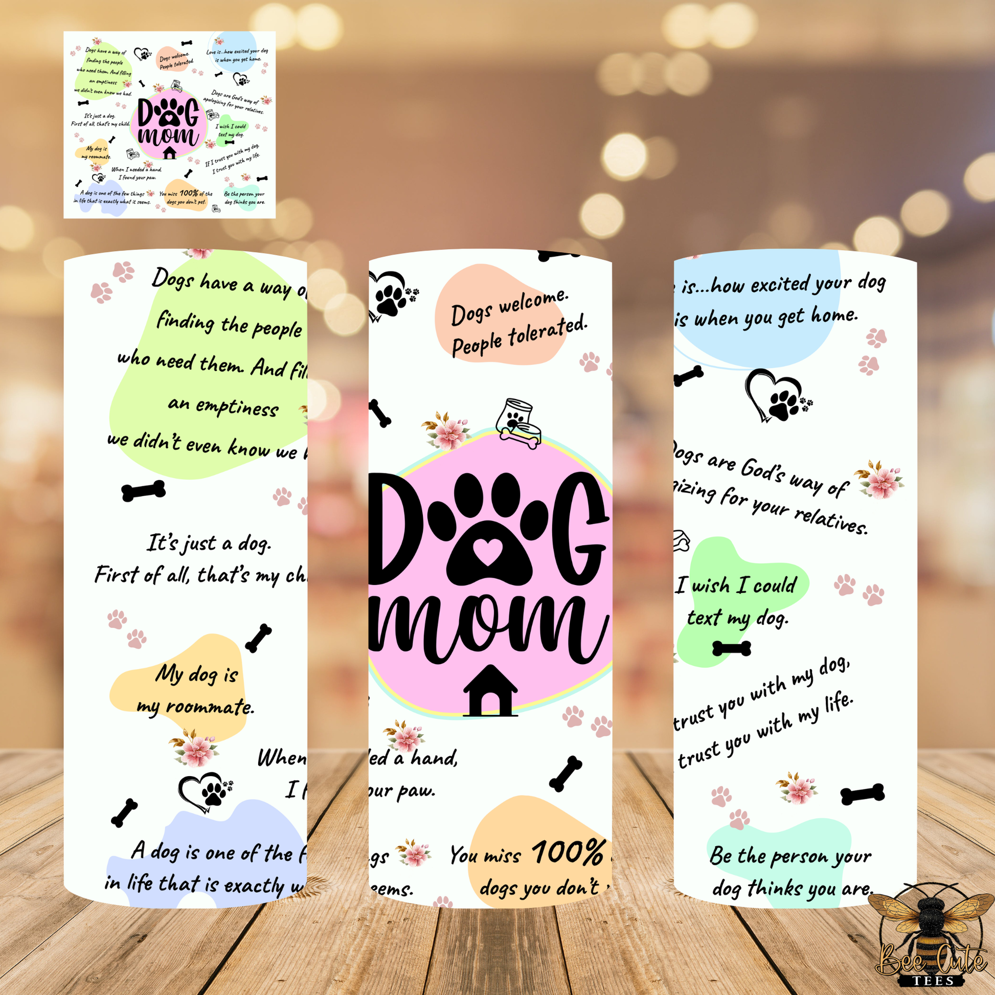 Three vertical banners with text and graphics about dog moms on a wooden surface.
