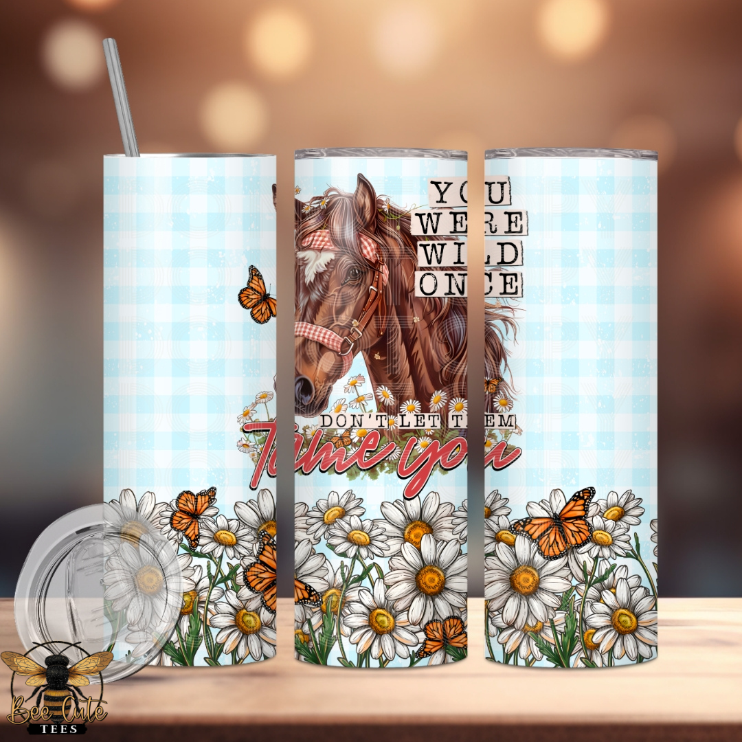 Decorative screen with horse and floral design, featuring text and a blurred background.