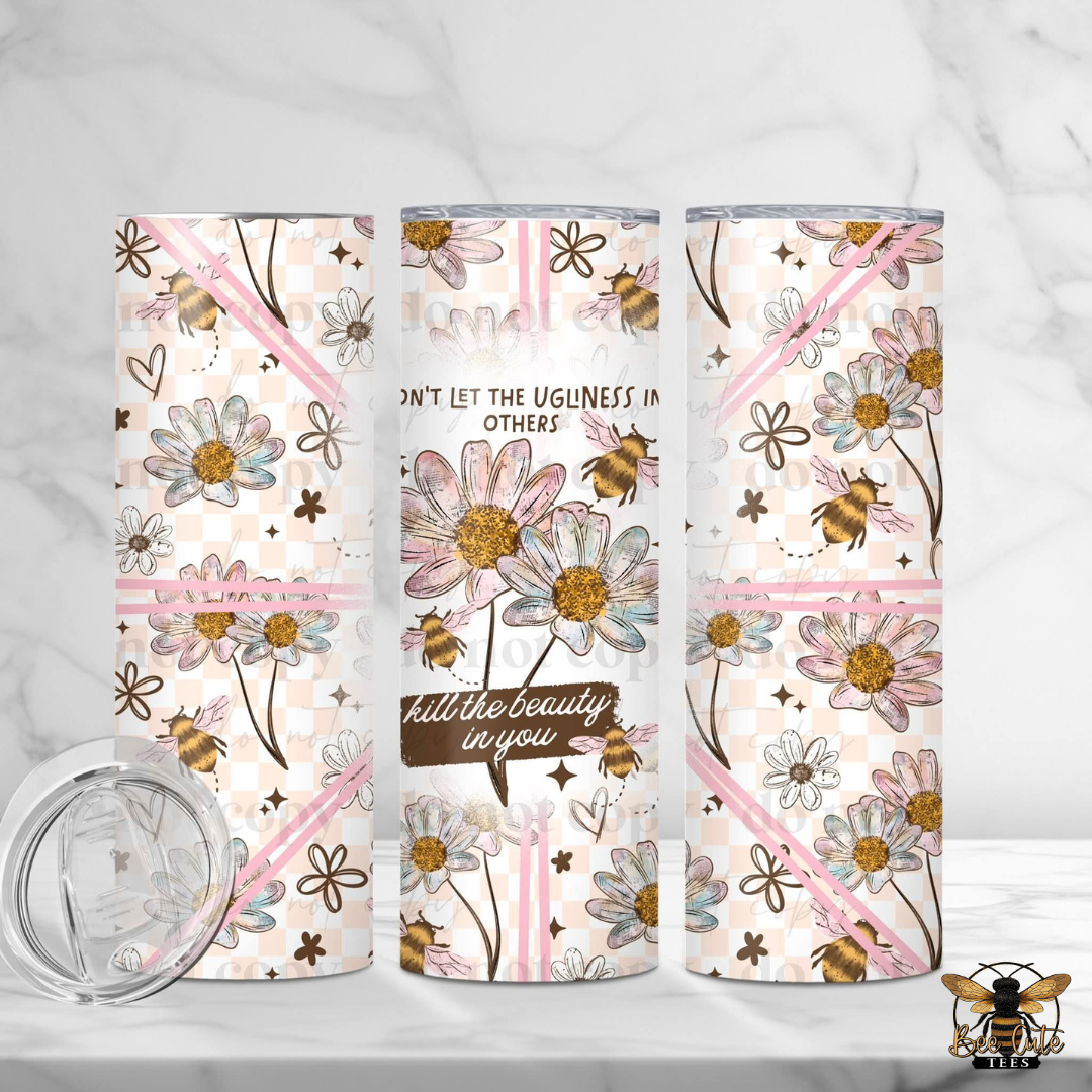 Three floral tumbler designs with bees and motivational quotes on a white background.