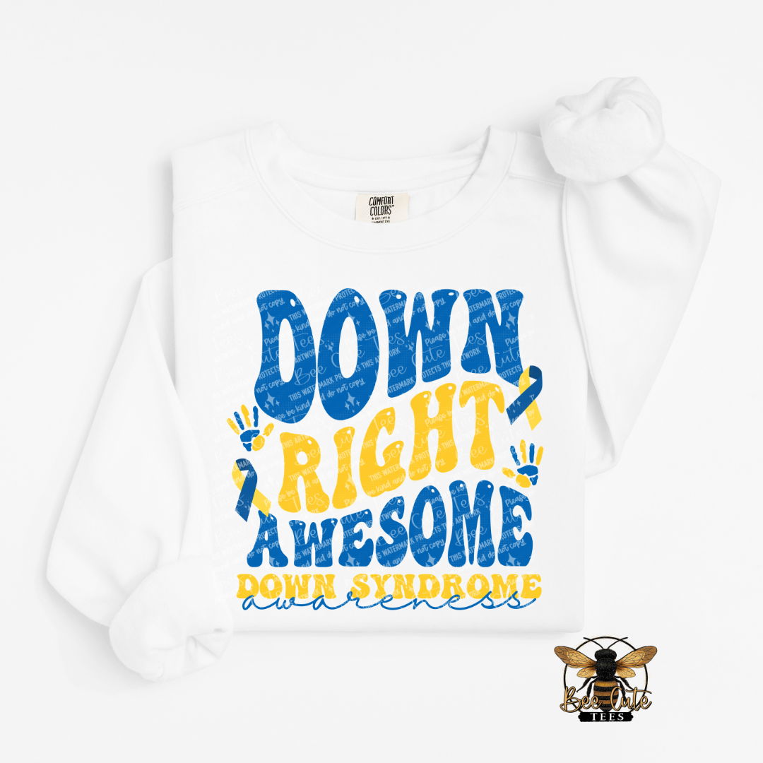 White sweatshirt with 'Down Right Awesome Down Syndrome Awareness' text in blue and yellow on a white background.