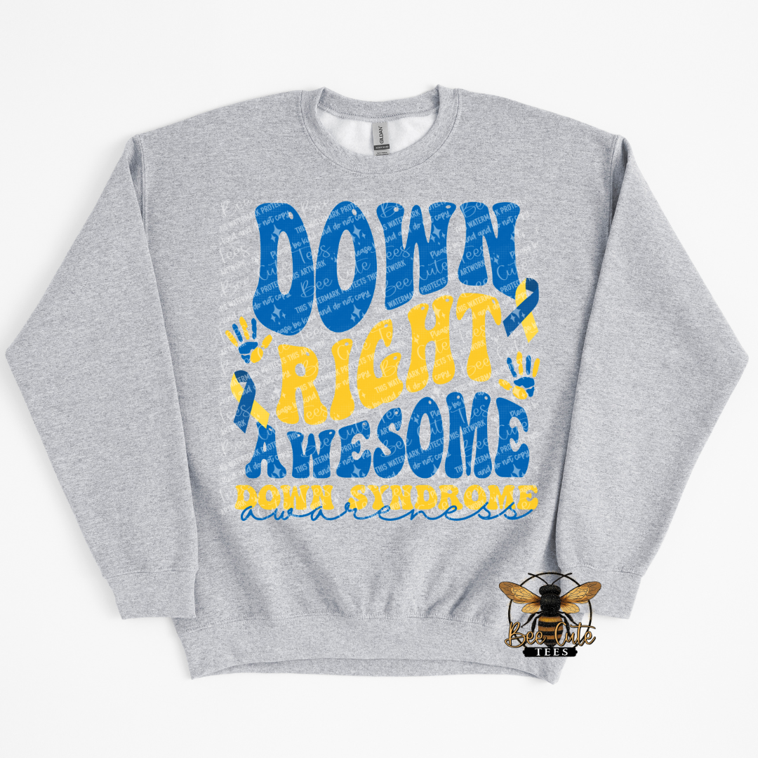 Gray sweatshirt with blue and yellow text on a white background