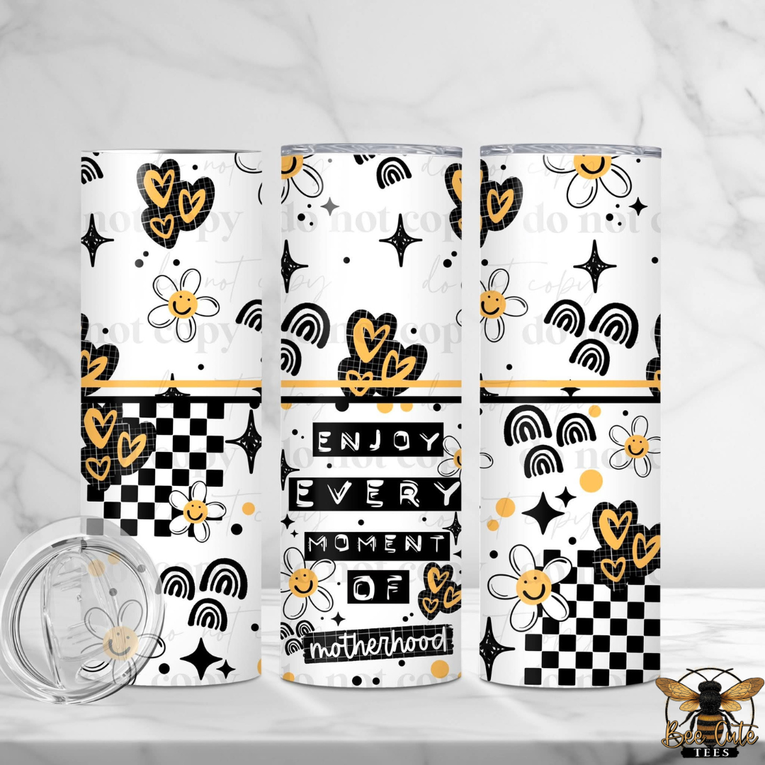 Three tumblers with decorative patterns and text on a white background