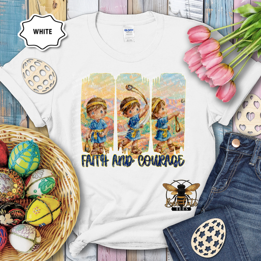 White t-shirt with 'Faith and Courage' design featuring a child playing, surrounded by Easter eggs and tulips.