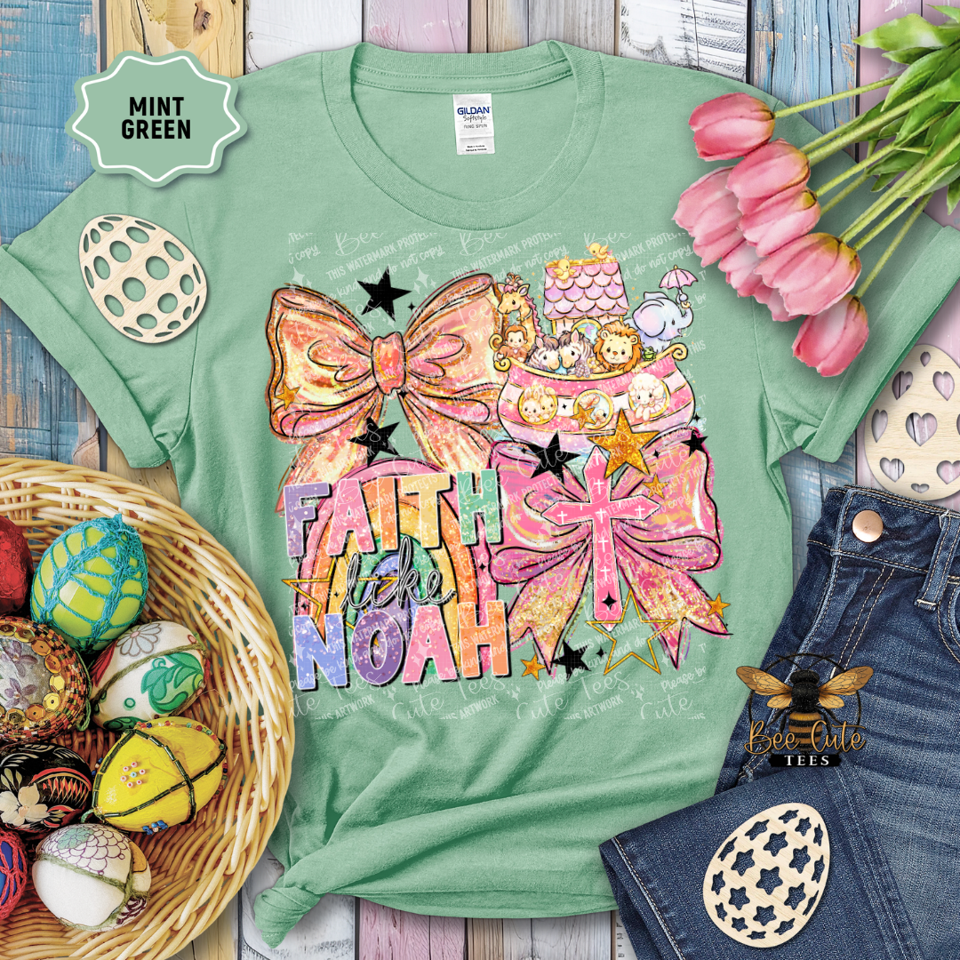 Green t-shirt with colorful design and text, surrounded by Easter decorations.