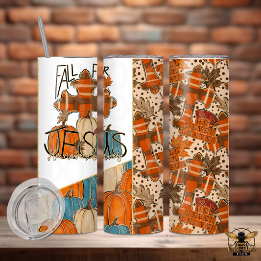 Three views of a 20 oz skinny tumbler with a clear lid and straw, featuring autumn-themed graphics including pumpkins, fall leaves, and fall motifs on a white background, set against a brick wall backdrop.
