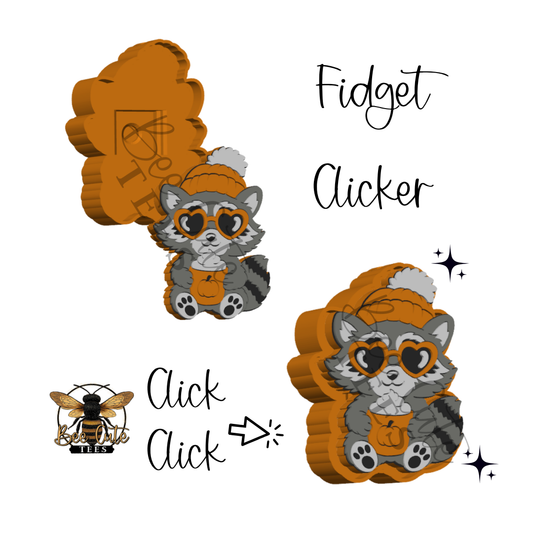 Digital preview of a fidget clicker featuring a cute cartoon raccoon wearing heart-shaped sunglasses and an orange beanie, shown alongside a bee graphic and the words 'Fidget Clicker' and 'Click Click' on a plain white background.