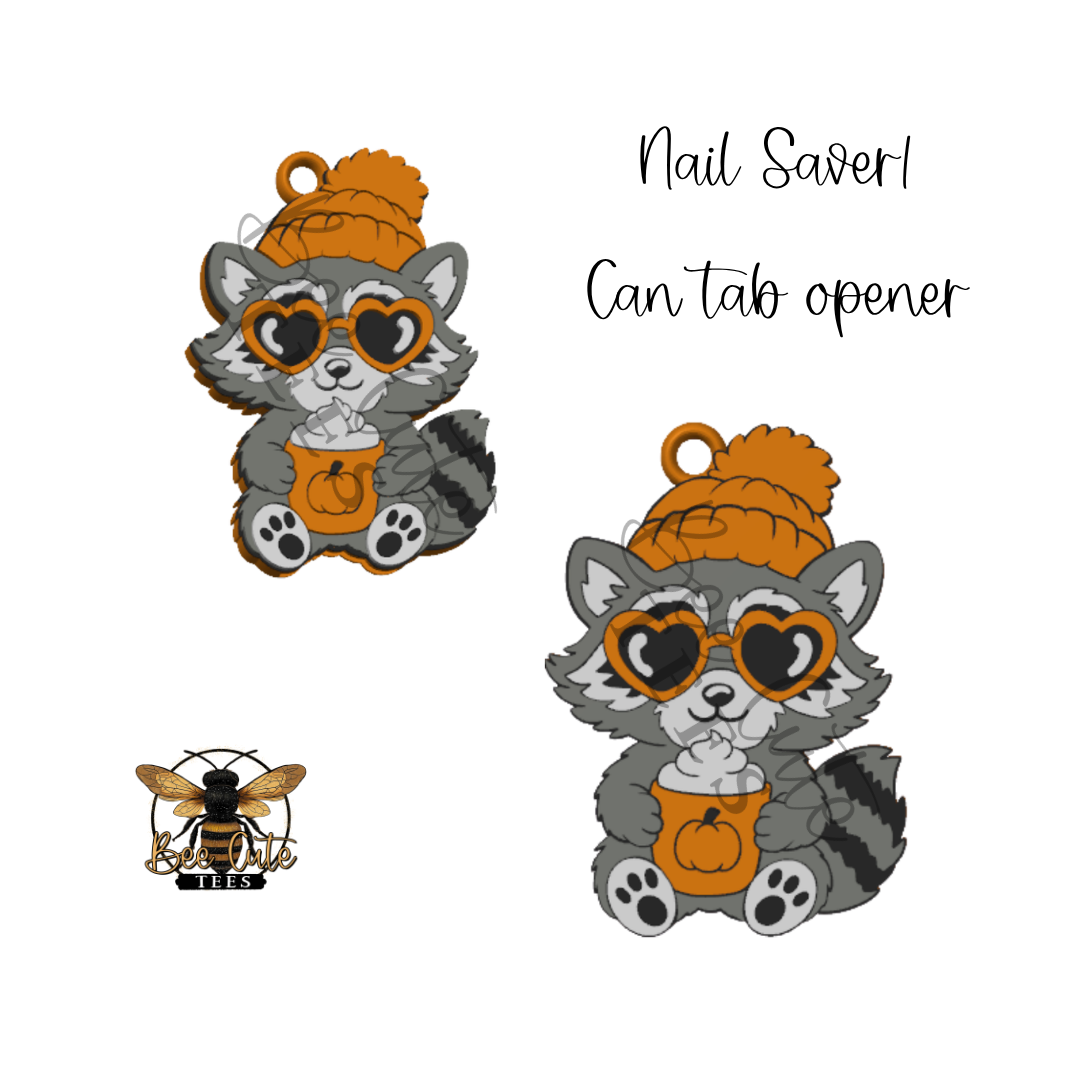 Two cute cartoon raccoon nail savers can tab openers shown on a white background, one with text reading 'Nail Saver! Can tab opener' and a bee logo at bottom left.