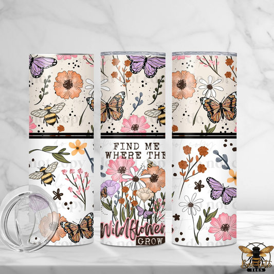 Set of tumblers with floral and butterfly designs on a white background