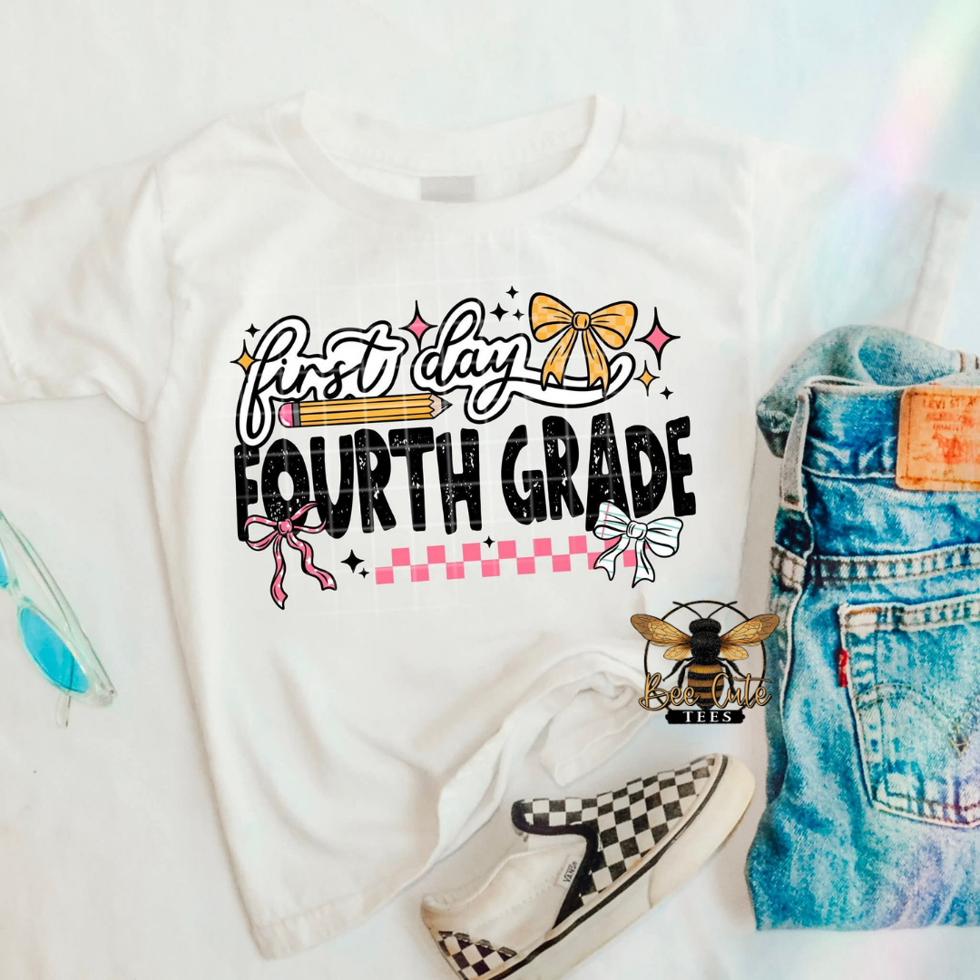 White t-shirt with 'first day fourth grade' text, denim shorts, and checkered shoes on a white background.