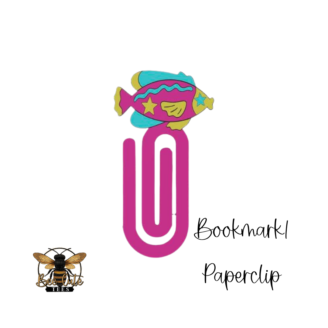 Colorful paperclip with fish design and 'Bookmark Paperclip' text on a white background
