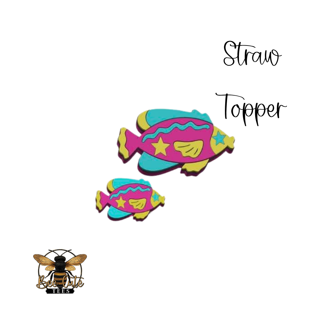 Colorful fish-shaped straw toppers with a brand logo at the bottom.