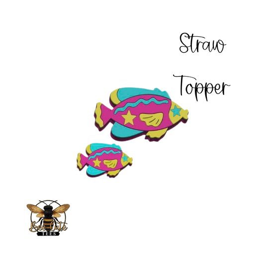 Colorful fish-shaped straw toppers with a brand logo at the bottom.