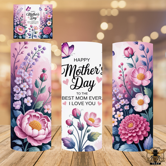 Three Mother's Day-themed products with floral designs on a wooden surface.