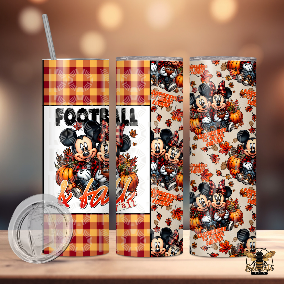Three views of a 20 oz skinny tumbler with a 'Football & Fall' mouse design, shown with a clear lid on a wooden surface against a warm bokeh background.