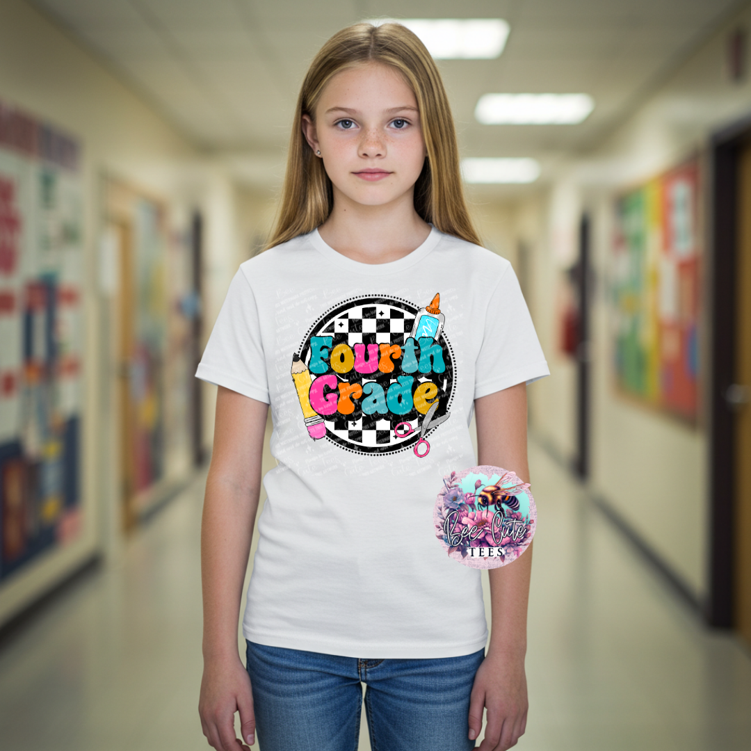 Young girl wearing a 'Fourth Grade' t-shirt in a school hallway