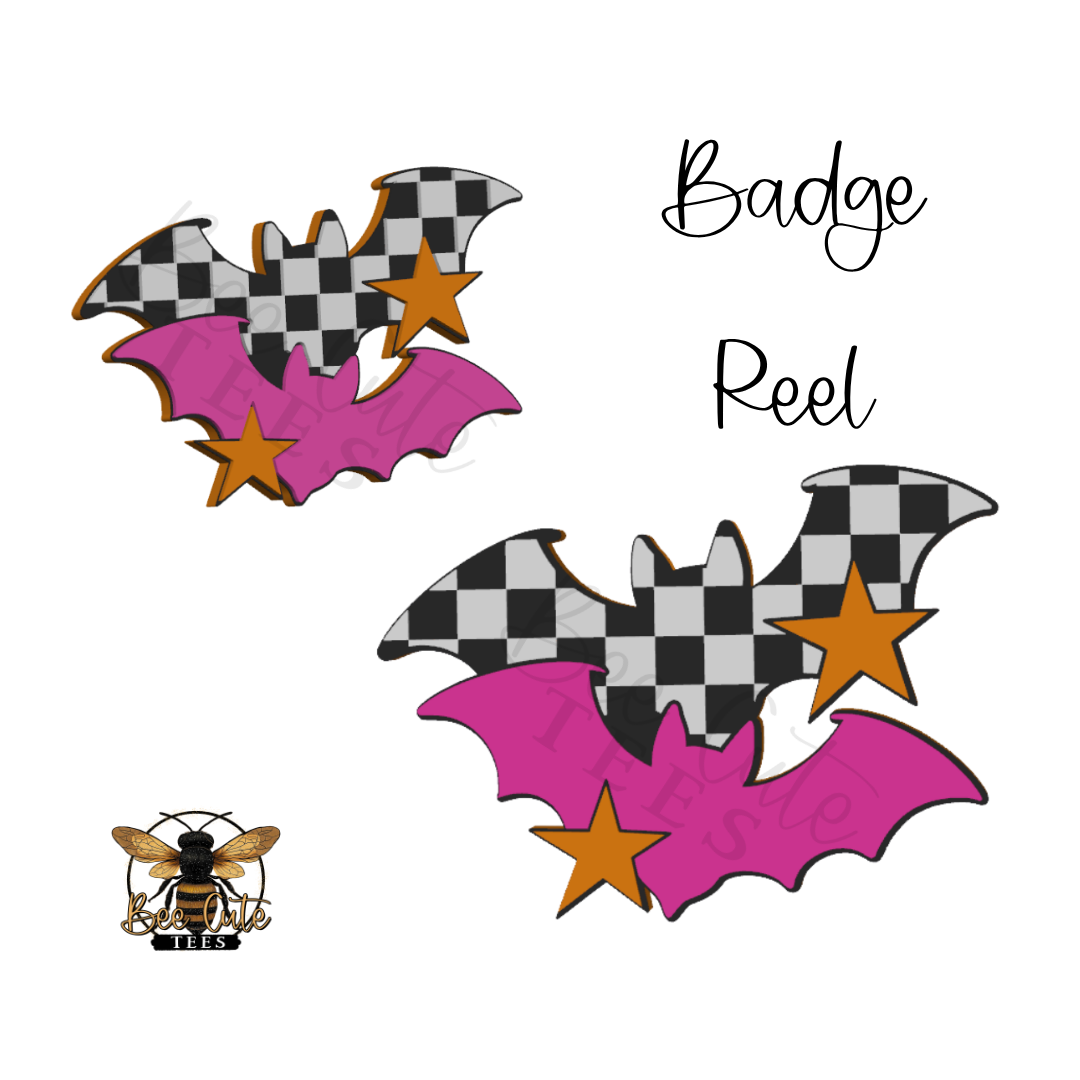 Two bat-shaped badge reel designs on a white background, each with a black-and-white checkered upper section, bright pink lower section, and orange star accents. The words 'Badge Reel' appear at upper right, and a small bee logo with 'BEE' is at lower left.