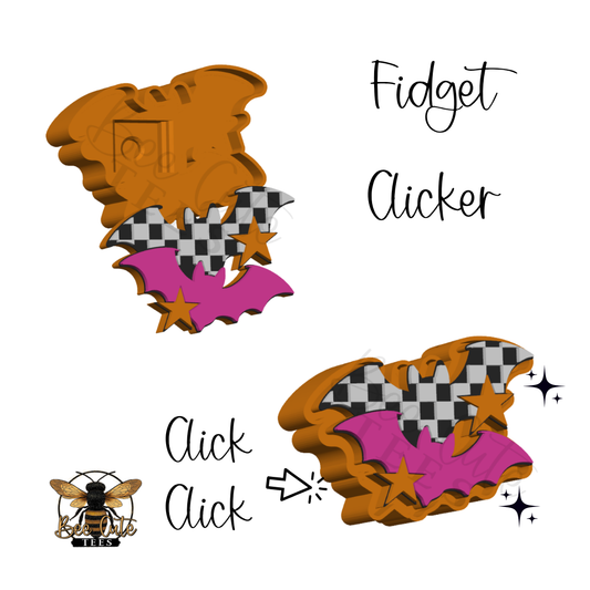 A product graphic showing a novelty fidget clicker in two states: unclicked with a black-and-white checkered pattern and pink bat wings, and clicked with the checkered pattern removed. The graphic includes the text 'Fidget Clicker', 'Click Click', a hand cursor icon, and a bee logo with the text 'BEE CUTE TEES' on a plain white background.