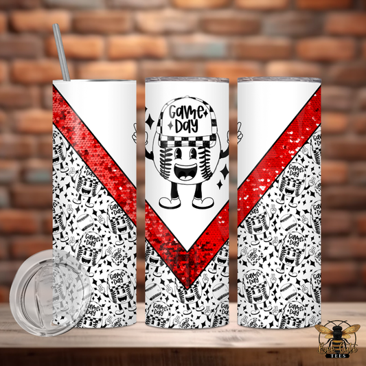 Three tumblers with a red and white design featuring a cartoon character and 'Game Day' text, against a brick wall background.