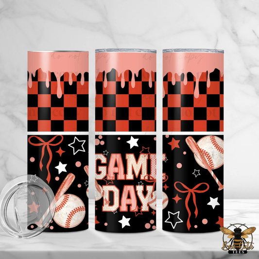 Three tumblers with checkered and 'Gameday' designs on a white background