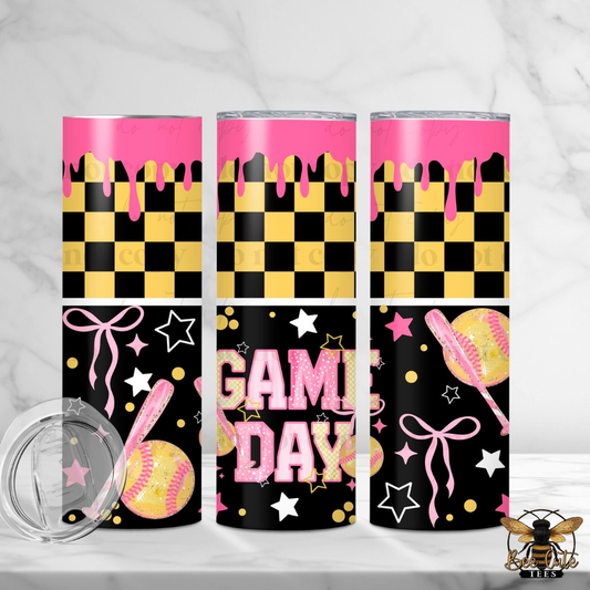 Three tumblers with checkered pattern, pink accents, and 'Game Day' text on a white background.