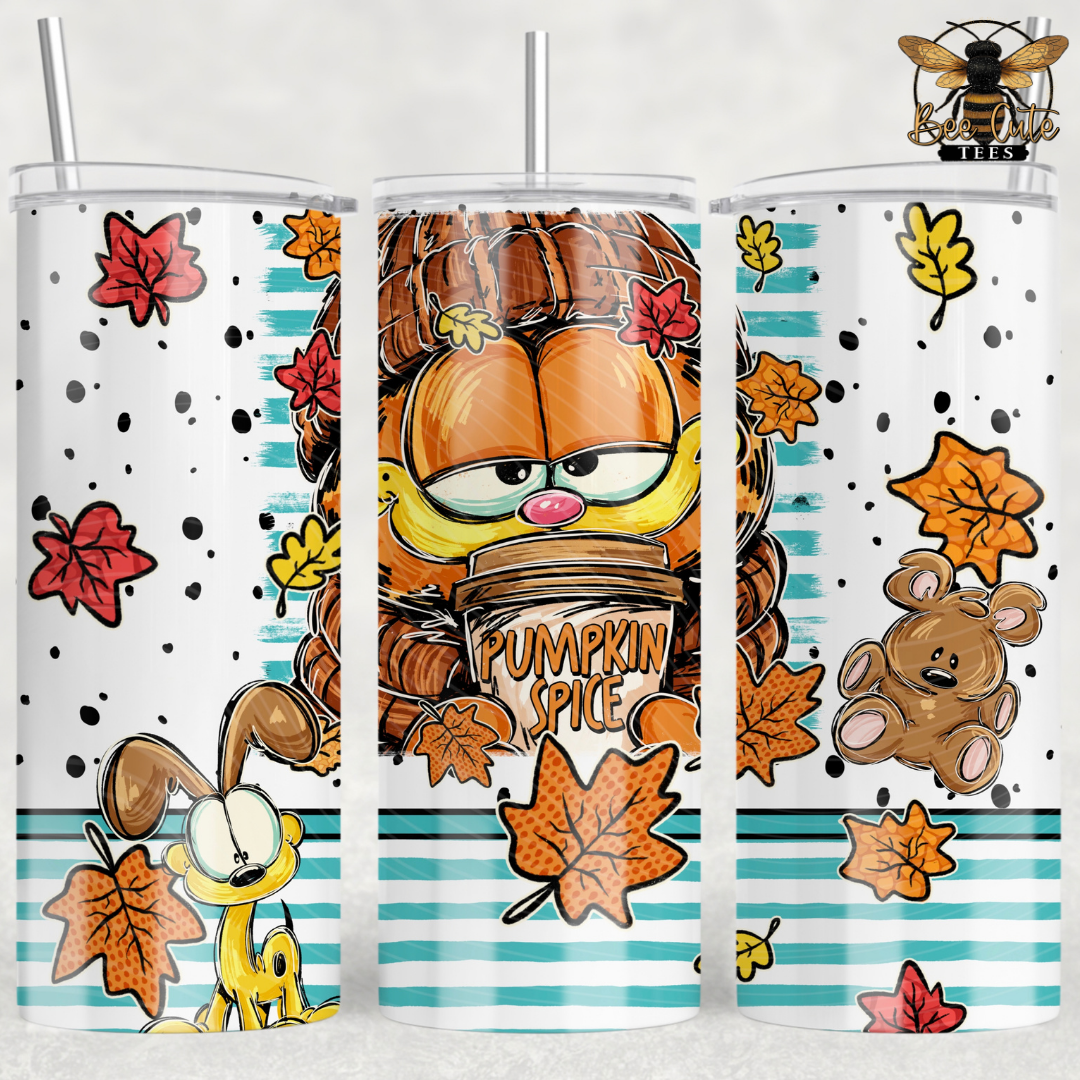 Three views of a 20 oz skinny tumbler featuring a cat autumn theme. The design includes a cat wearing a pumpkin spice latte, a brown bunny, a teddy bear, colorful fall leaves, and a bee logo in the top right corner.